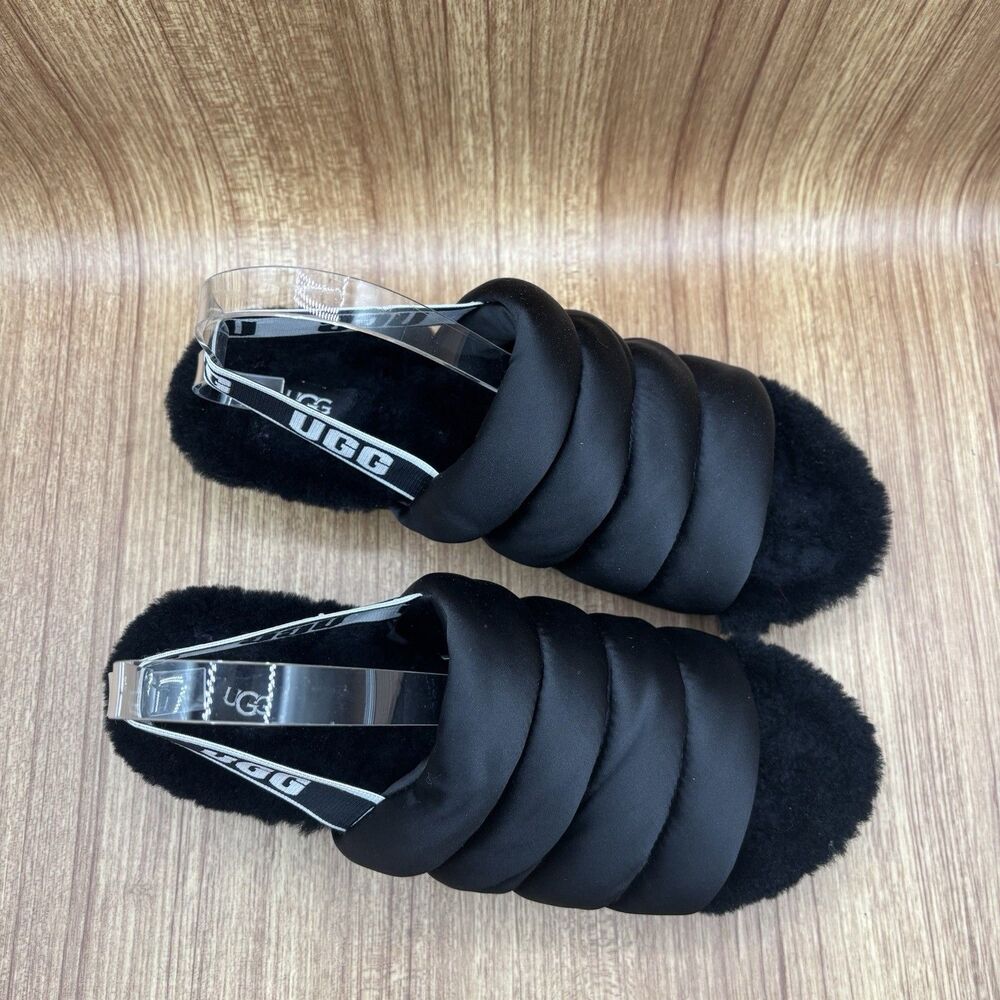 UGG Puff Yeah Sliders Women’s Size 9 Furry lined‎ Sandals Black Shoes - Picture 2 of 8